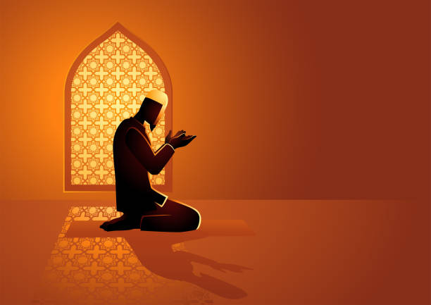 모스크 안에서 기도하는 무슬림 남자 - islam praying mosque ramadan stock illustrations