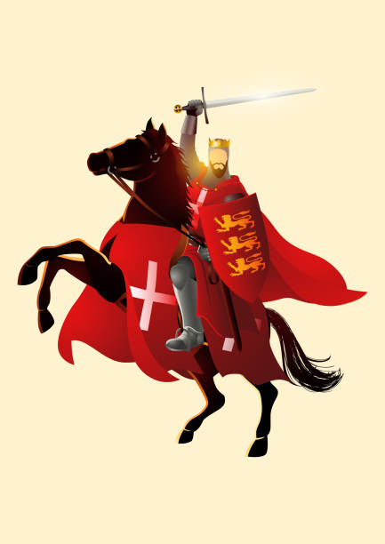 ilustraciones, imágenes clip art, dibujos animados e iconos de stock de el rey ricardo corazón de león sosteniendo una espada y un escudo a caballo - templarios