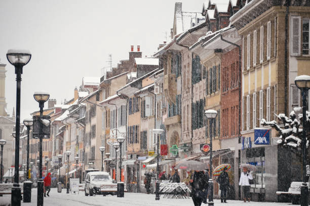 istock Morges city center on a snowy day 1335001183