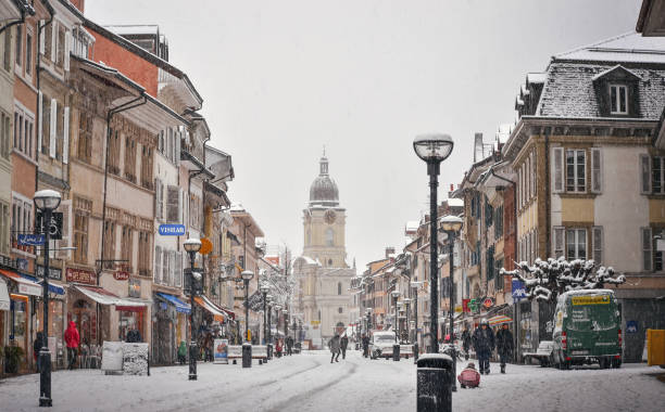 istock Morges city center on a snowy day 1335001192