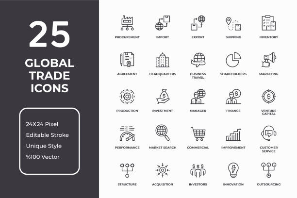 글로벌 무역 씬 라인 아이콘 세트 - shareholder stock illustrations
