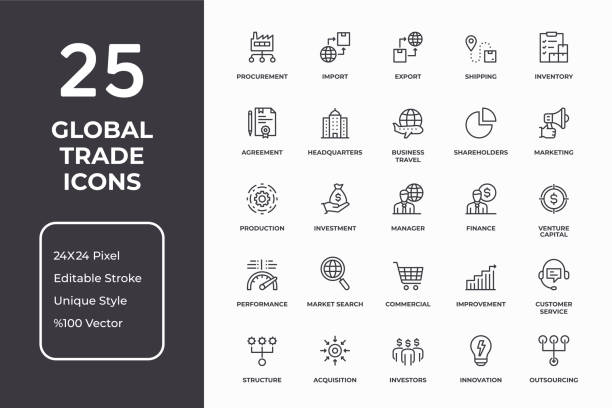 Global Trade Thin Line Icon Set Vector Style Editable Stroke Global Trade Thin Line Icon Set headquarters stock illustrations