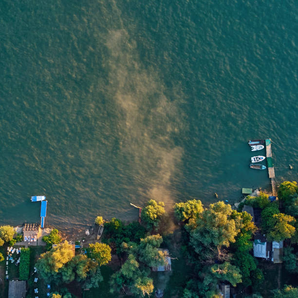 Drone view of a beach river houses.
