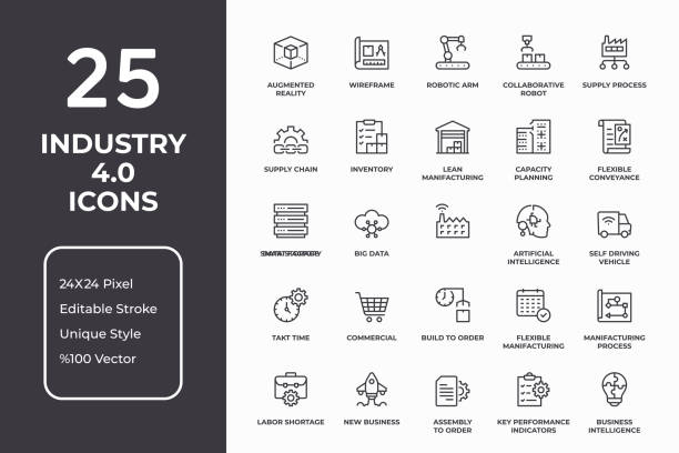 ilustrações de stock, clip art, desenhos animados e ícones de industry 4.0 thin line icon set - factory line