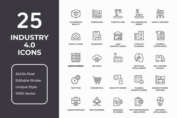 industry 4.0 thin line icon set - manufacturing stock illustrations