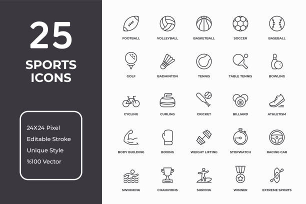 спортивный набор значков тонкой линии - волейбольный мяч иллюстрации stock illustrations