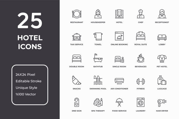 ilustraciones, imágenes clip art, dibujos animados e iconos de stock de conjunto de iconos de la línea delgada del hotel - hotel