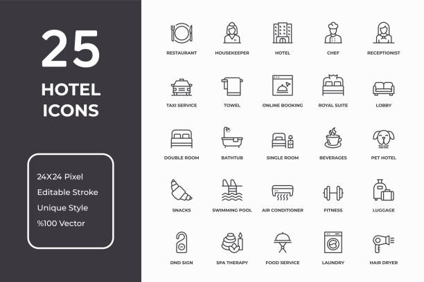 Hotel Thin Line Icon Set Vector Style Editable Stroke Hotel Thin Line Icon Set concierge desk luxury stock illustrations