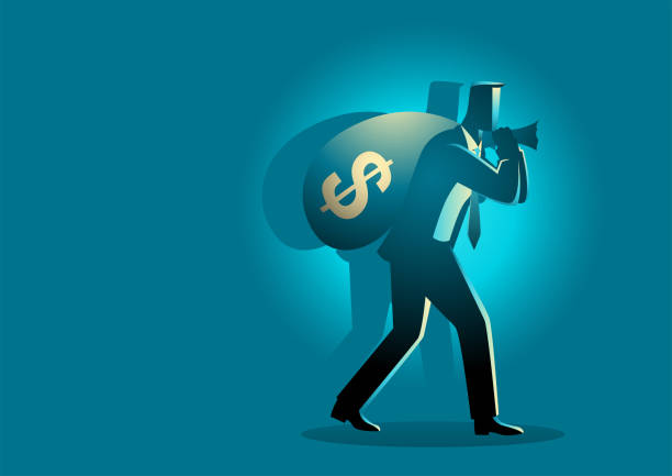 ilustrações, clipart, desenhos animados e ícones de empresário carregando saco de dinheiro no ombro - furtivo