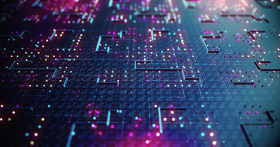 Close Up High Tech Circuit Board. Futuristic Technology. Artificial Intelligence. Computer And Technology Related 3D Illustration Render.