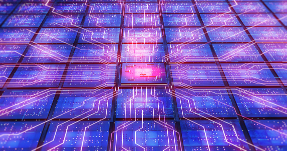 AI Processor Processing Data. CPU Chip Circuit. Data Flowing. Computer And Technology Related 3D Illustration Render.
