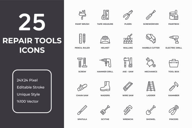 illustrations, cliparts, dessins animés et icônes de ensemble d’icônes de ligne mince des outils de réparation - wrench screwdriver work tool symbol