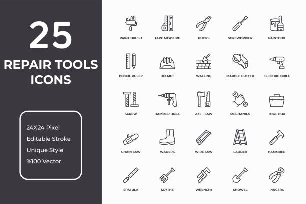 ilustrações, clipart, desenhos animados e ícones de conjunto de ícones finos das ferramentas de reparo - home improvement drill house repairing