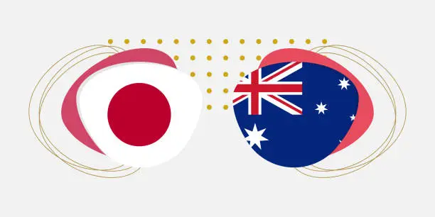 Vector illustration of Japan and Australia flags. Australian and Japanese national symbols with abstract background and geometric shapes. Vector illustration.