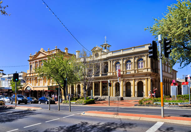 Orange, Australia - 4 Octover 2020: Historic architecture arcade on Shopping street in Orange town of Australian Central West plains, NSW.