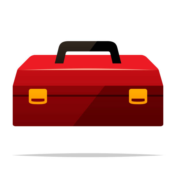 ilustraciones, imágenes clip art, dibujos animados e iconos de stock de ilustración aislada de vector de caja de herramientas roja - tool box
