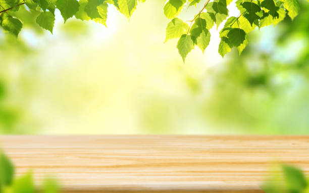 istock Empty wooden table on blurred green background with beautiful fresh leaves. Spring or summer season. Ready for your product. Mockup. 1335007034