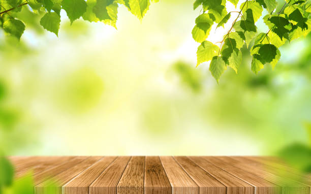 istock Empty wooden table on blurred green background with beautiful fresh leaves. Spring or summer season. Ready for your product. Mockup. 1335007081