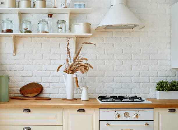istock Kitchen interior with kitchen utensils and kitchen stove. Scandi style. 1335007364