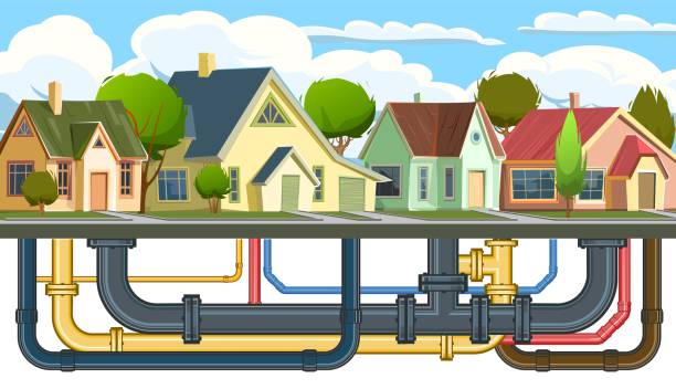 illustrations, cliparts, dessins animés et icônes de pipeline à des fins diverses. tuyaux d’étalonnage de couleurs différentes. partie souterraine du système. dessin animé rue vecteur d’illustration - sous terre