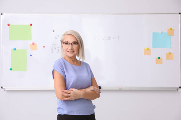 istock Mature teacher near whiteboard in modern classroom 1335010816