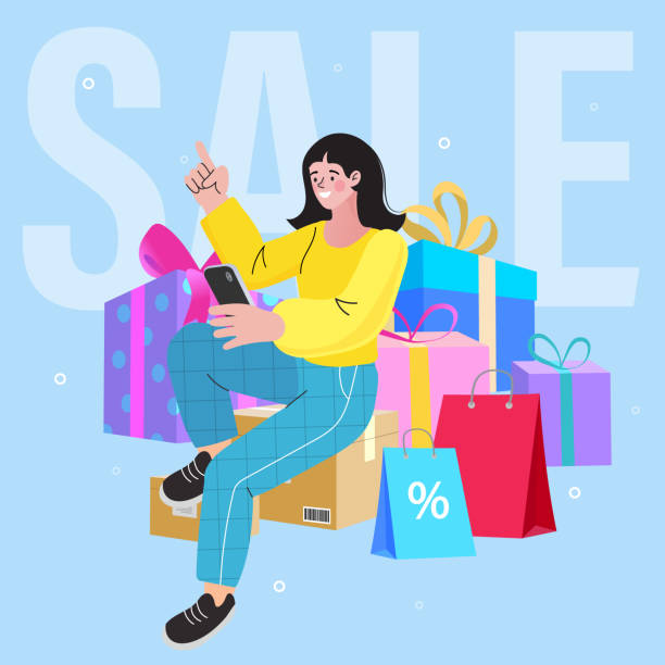 Girl with gift boxes. bonus or reward. Promotion of online store or shop loyalty program. vector illustration Girl with gift boxes. bonus or reward. Promotion of online store or shop loyalty program. Birthday concept. Friends made a surprise. Your best gift is your friends. vector illustration girl levitating stock illustrations