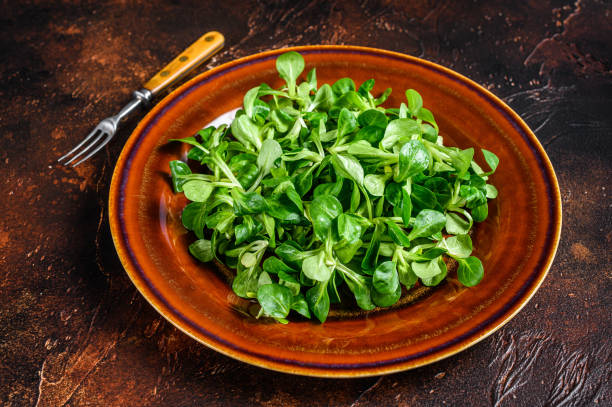 istock Fresh green corn salad leaves on a rustic plate. Dark background. Top view 1335012640