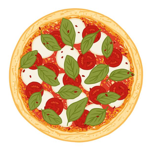 illustrations, cliparts, dessins animés et icônes de pizza garnie de sauce tomate, de fromage mozzarella, de tomates et de basilic. illustration vectorielle de la pizza margherita dessinée à la main. - yellow cheese thin portion