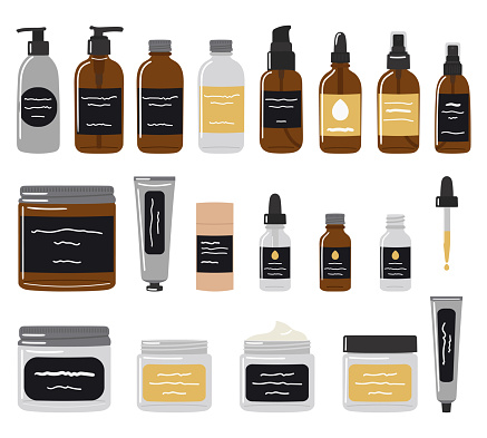 Big set of recyclable bottles, jars and tubes with organic cosmetics and skin care products. Set of cosmetic packaging. Serum, oil, cream and lotion. Hand drawn and line vector illustration.