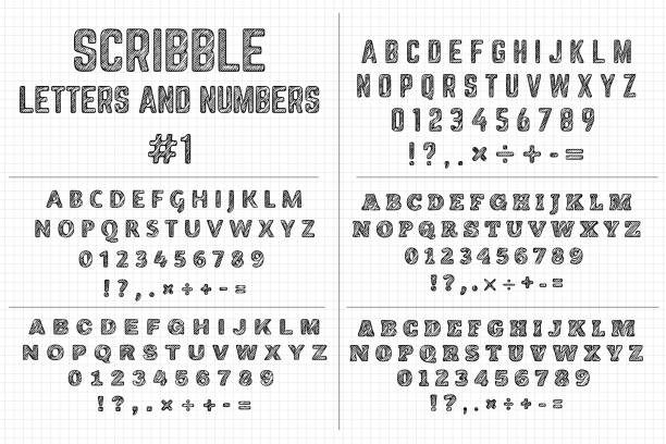 illustrations, cliparts, dessins animés et icônes de griffonner des lettres et des chiffres. cinq ensembles de lettres décoratives d’alphabets et de signes de ponctuation. alphabets anglais stylisés. - doodle alphabet text drawing