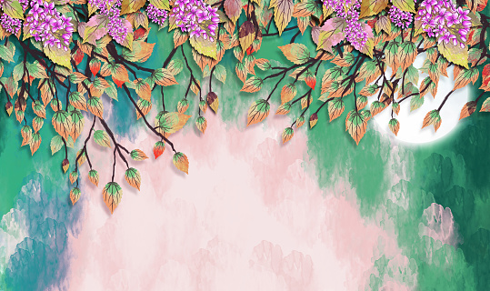 Canvas wallpaper art with flowers branches in painted background . Suitable for use on a wall frame\n3d illustration, 3d rendering, abstract, art, background, banner, beautiful, beauty, blooming, blossom, blue, bluebells, border, branch, canvas, cherry, color, colorful, creative, decoration, decorative, design, flora, floral, flower, garden, graphic, green, illustration, invitation, isolated, leaf, light, natural, nature, ornament, pattern, pink, plant, poster, texture, tree, tropical, vintage, wall frame, wallpaper, water color, watercolor, wedding