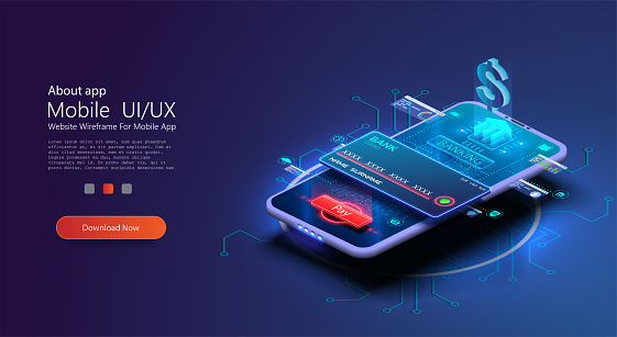 Blue Online banking app landing page. Smart wallet concept with credit, debit card payment application. Gadget of future, smartphone tech payment.