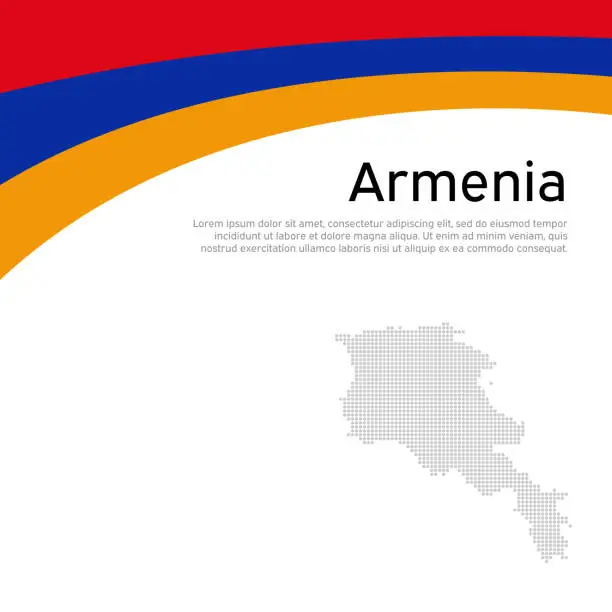 Vector illustration of Armenia flag, mosaic map on white background. Wavy ribbon with the armenian flag. Vector flat banner design, armenia national poster. Cover for business booklet. State patriotic, flyer, brochure