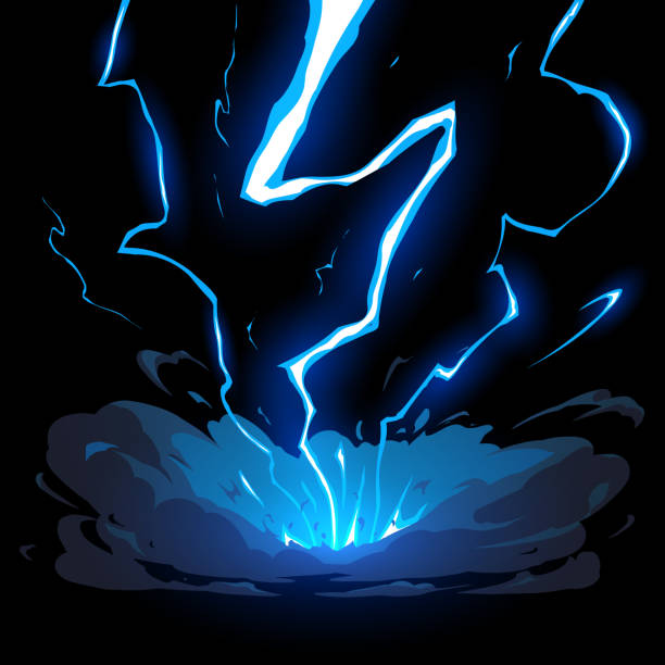 illustrazioni stock, clip art, cartoni animati e icone di tendenza di effetto colpo fulmine blu su sfondo nero - temporale