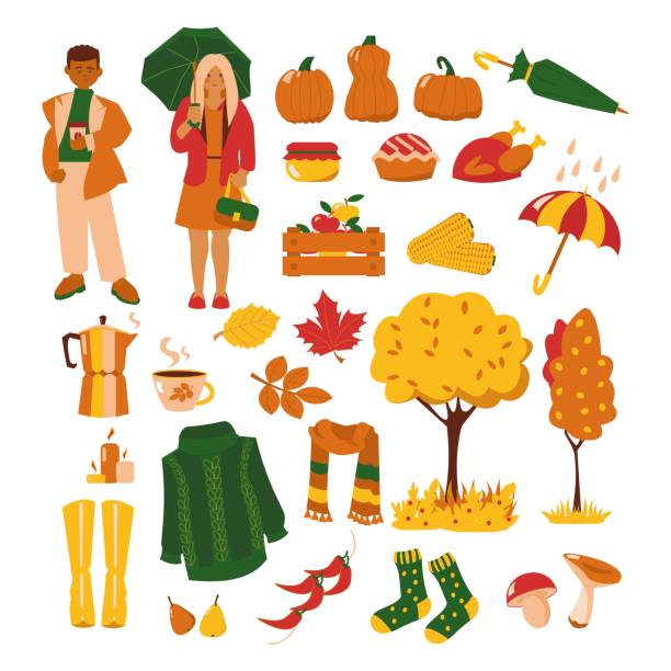 Set of autumn items on white background Fall season illustrations Set of autumn items on white background Fall season vector illustrations knitted pumpkin stock illustrations
