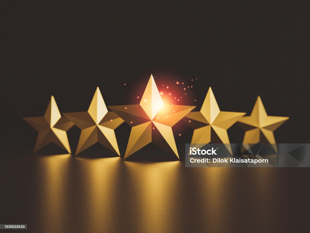 Gold five star on dark background for excellent rate of customer evaluation by 3d render. Award Stock Photo