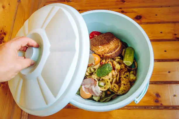 Photo of Organic food waste in garbage bin bucket with lid in home on floor to be composted.