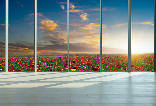 Through the floor-to-ceiling glass windows, you can see a large garden outside the suburbs of the city