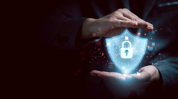 ビジネスマンは、アクセスセキュリティシステム、未来的な技術の概念を入力パスワードまたは指紋スキャナによって生体認証データにアクセスするための仮想ガードとキーで保護します。 - security system ストックフォトと画像
