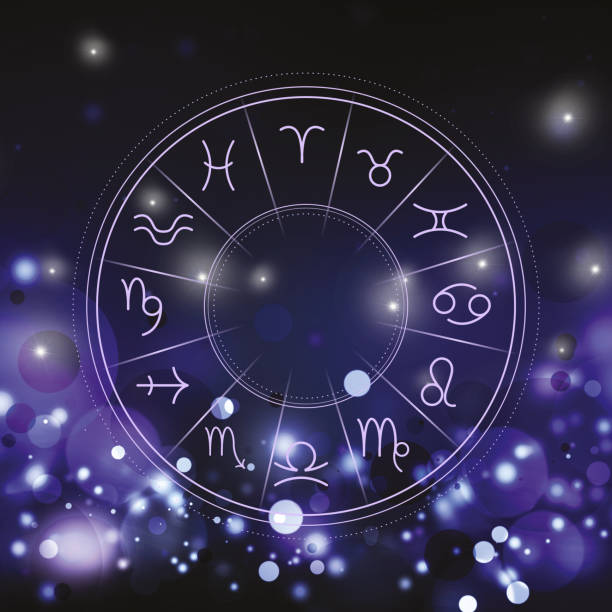 istock Illustration of zodiac wheel with astrological signs on dark background. Bokeh effect 1335025851