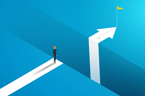 Businesswoman standing on the edge of the gap with arrows to reach goal business challenge concept obstacles to success. Vector illustration.