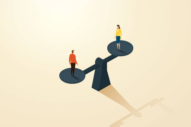 Gender equality businessman and businesswoman. Gender equality businessman and businesswoman standing on a weighing plate. work or in business career paths. Vector illustration. human rights act stock illustrations