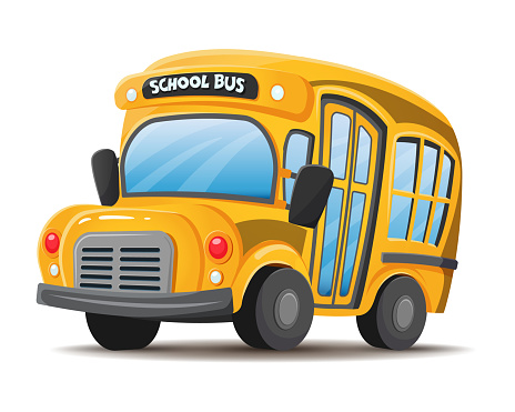 Yellow school bus, front view, cartoon style. Vector illustration, flat, isolated on white background