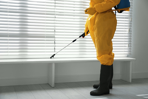 Male worker in protective suit spraying insecticide on window sill indoors, closeup. Pest control