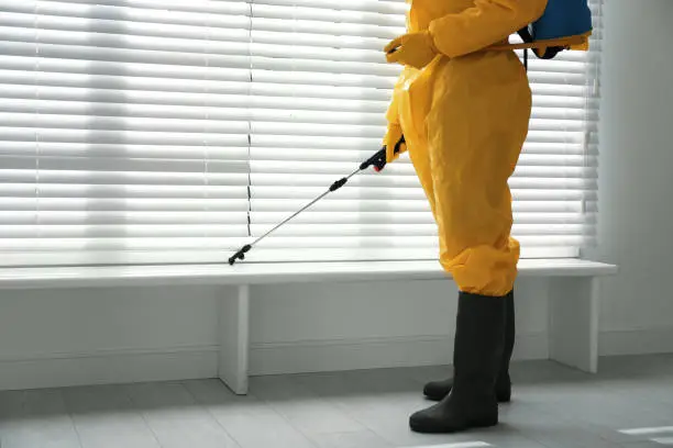 Male worker in protective suit spraying insecticide on window sill indoors, closeup. Pest control