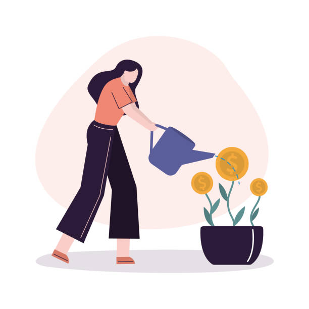 Business woman watering money tree. Female employee investing and saving cash. Money deposit. Girl save or hoard currency. Concept of investment Business woman watering money tree. Female employee investing and saving cash. Money deposit. Girl save or hoard currency. Concept of investment, finance management and banking. Vector illustration investment illustrations stock illustrations