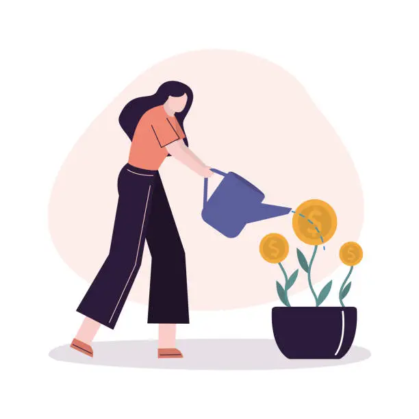 Vector illustration of Business woman watering money tree. Female employee investing and saving cash. Money deposit. Girl save or hoard currency. Concept of investment