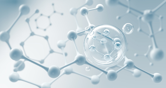 Molecule inside Liquid Bubble, Cosmetic Essence, 3d illustration.