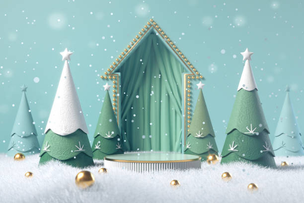 Winter Christmas background with Christmas tree and podium