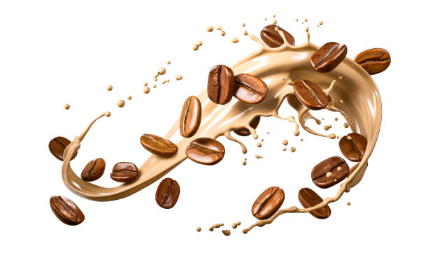 hot liquid coffee splash with Coffee Bean falling hot liquid coffee splash with Coffee Bean falling, 3d illustration. cappuccino stock pictures, royalty-free photos & images